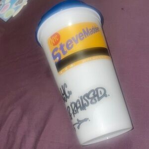 Steve Madden White Travel Mug with Blue Lid and Yellow Band